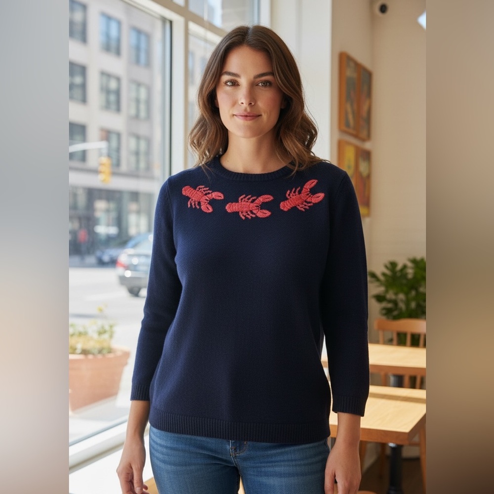 TALBOTS Lobster Sweater Size Medium Petite Navy Blue Red Embellished 1395-11